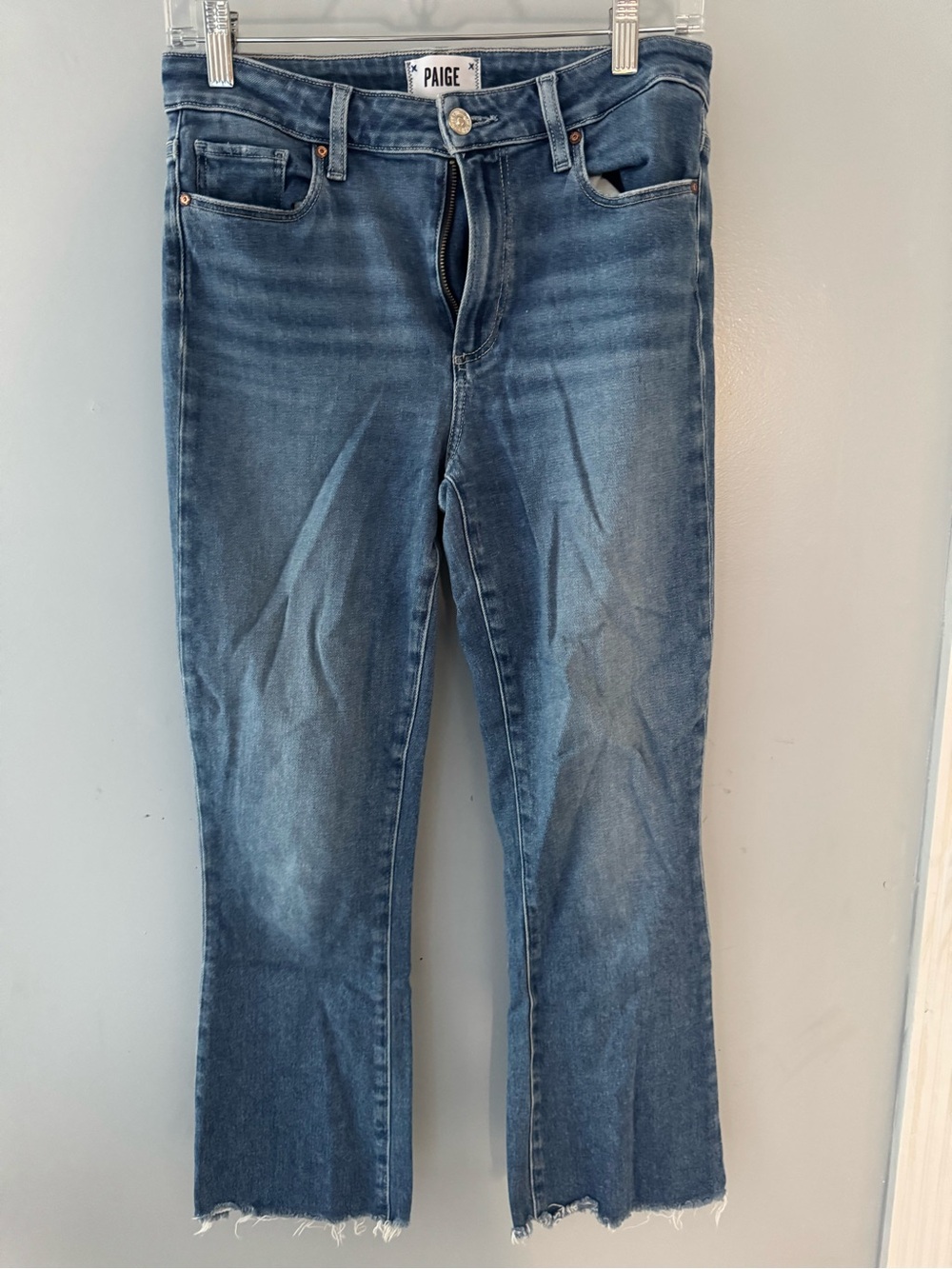 PAIGE Light Blue High-Rise Straight Jeans with Raw Hem Button